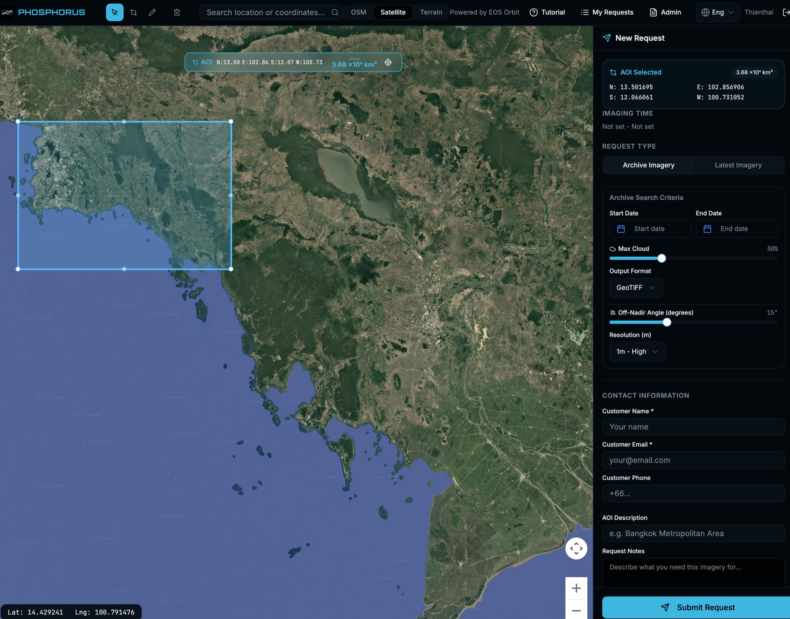 PHOSPHORUS with an area of interest selected on a satellite basemap, corner coordinates and collection criteria visible