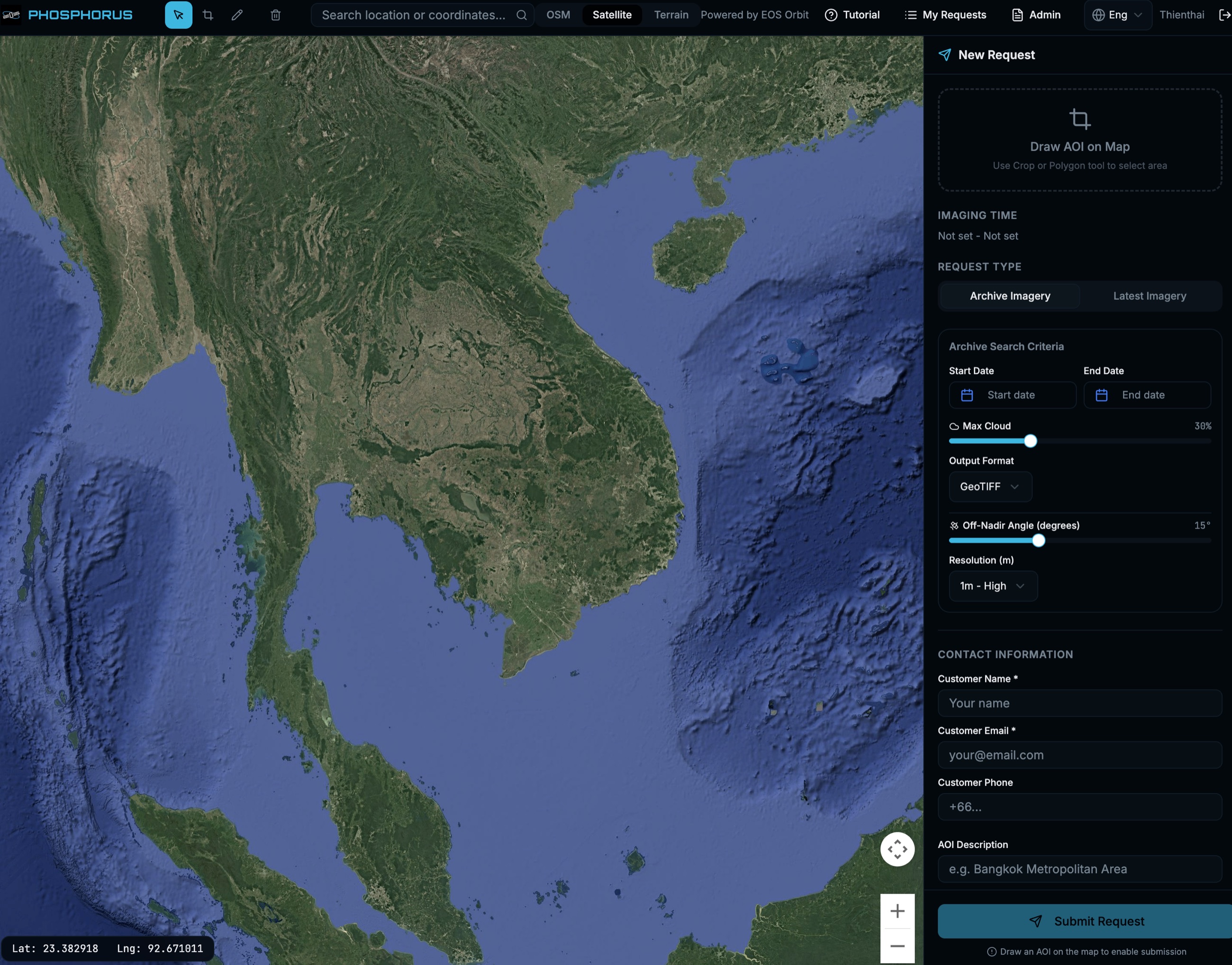 PHOSPHORUS tasking interface showing a satellite basemap of mainland Southeast Asia with a new request panel